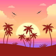 Fototapeta na wymiar Summer background with sunset and palm trees landscape gradient tropical sunset