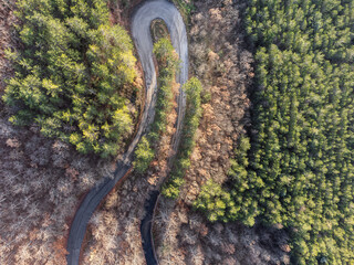 Top-down view of an hairpin bend in the middle of a forest with green and orange trees - 652502206