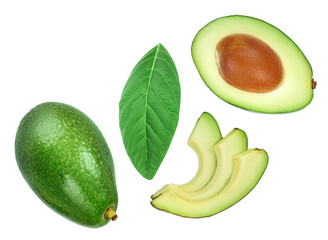 avocado and slices isolated on white background with copy space for your text. Top view. Flat lay