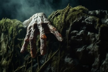 A ghastly zombie hand emerging from the natural world, invoking eerie horror