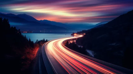 Raamstickers road in night mountains, travel photo © Aram
