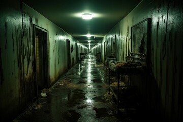 Deserted psychiatric hospital alley, shrouded in unsettling abandonment and eerie silence - obrazy, fototapety, plakaty