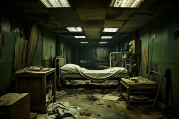 Disheveled and abandoned, this psychiatric hospital room bears the scars of neglect - obrazy, fototapety, plakaty