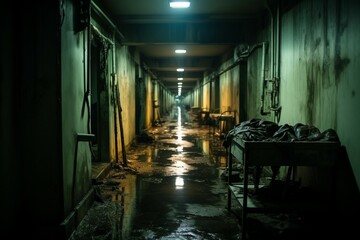 Eerie abandoned alley, part of a decaying psychiatric hospital's chilling past - obrazy, fototapety, plakaty
