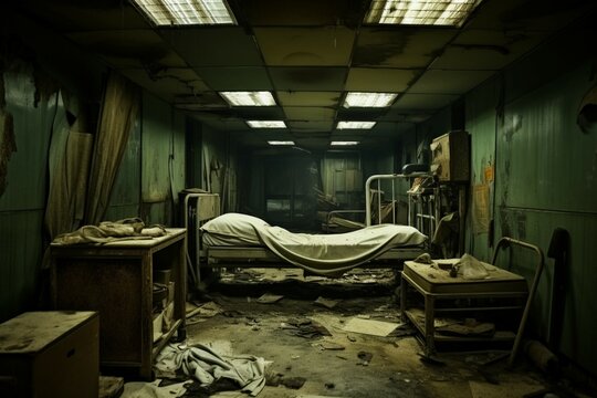 Disheveled and abandoned, this psychiatric hospital room bears the scars of neglect