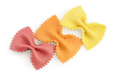 colorful farfalle pasta isolated on white background with full depth of field. Top view. Flat lay.