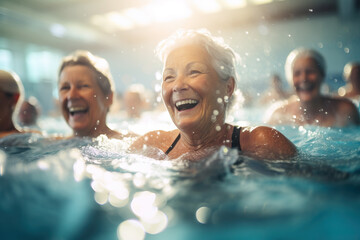 Group of Elderly Women During Water Aerobics in a Swimming Pool - Powered by Adobe