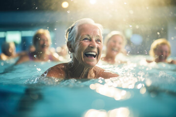 Group of Elderly Women During Water Aerobics in a Swimming Pool