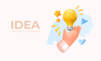 Lamp in hand. Idea or solution concept. In realistic 3D style. Vector illustration.
