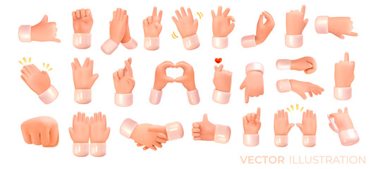Hands smileys in 3D style. Gesturing. Set of hands in different gestures. Vector illustration