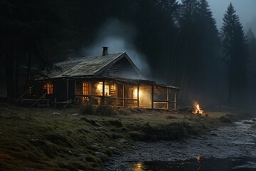 Mystical cabin in the woods, enveloped by a misty, textured ambiance