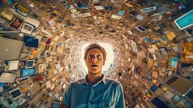 Overwhelming information data explode out of head of young human brain, too much media, too much information, maximalism, news, social media addiction. Generative AI image weber.