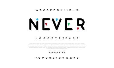 Never Modern abstract digital alphabet font. Minimal technology typography, Creative urban sport fashion futuristic font and with numbers. vector illustration - obrazy, fototapety, plakaty