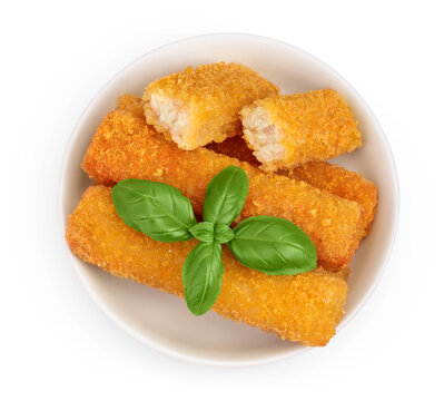 Fish finger or stick with parsley in ceramic bowl isolated on white background with full depth of field. Top view. Flat lay
