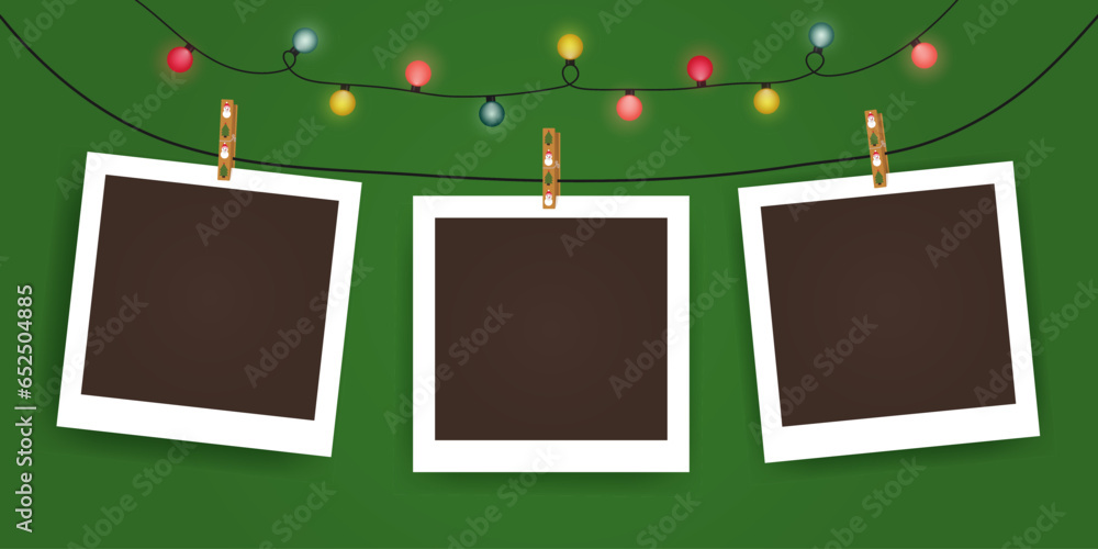 Poster set of empty photo frame mockup with christmas lights, pimple, christmas tree, snowman. black and wh