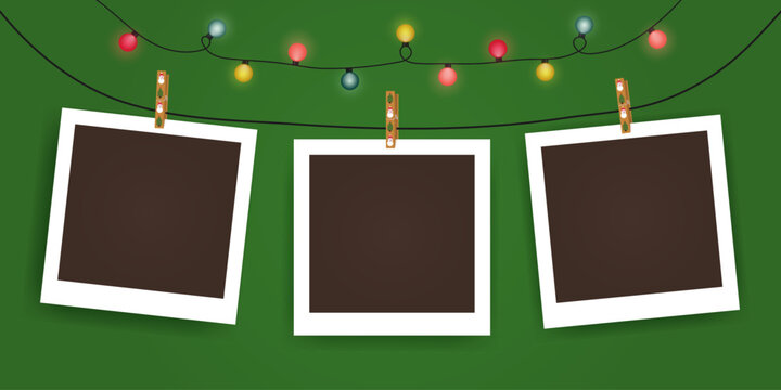Set of empty photo frame mockup with christmas lights, pimple, christmas tree, snowman. Black and white photo frame template with shadows. Realistic blank frame vector on green background. New year.