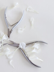 Manicure tools in white flower petals on white background, top view, there is space for text. Beauty salon, aesthetics. High quality photo