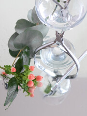 Manicure tools, glass background, green plants, space for text. Beauty salon, aesthetics. High quality photo