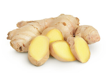 Fresh Ginger root and slices isolated on white background