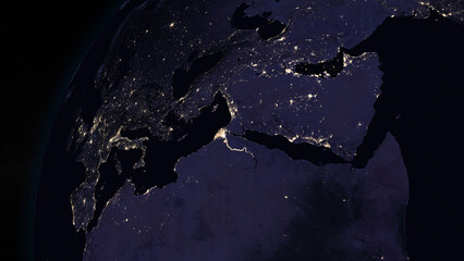 Planet Earth focused on Europe by night. Illuminated cities on dark side of the Earth. Elements of this image furnished by NASA - obrazy, fototapety, plakaty