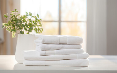 Fototapeta na wymiar Carefully arranged white bath towels adorn a white table. Minimalist composition of elegant and serene bath and face towels. White bath towels on the table.