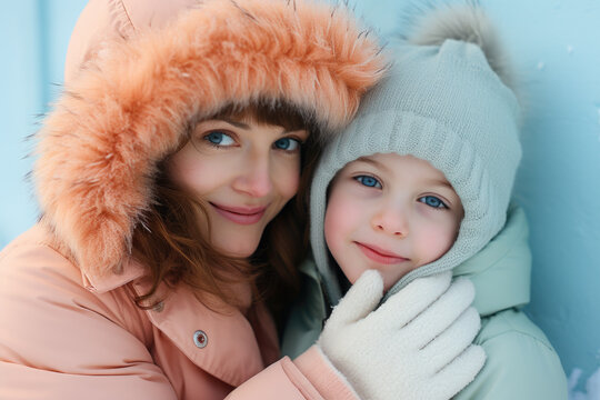 A woman and a little girl dressed in warm winter clothing. This image can be used to depict a mother and daughter enjoying a winter day, family bonding, or the joy of playing in the snow.