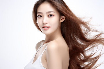 Naklejka premium A woman with long brown hair posing for a picture. This versatile image can be used for various purposes.