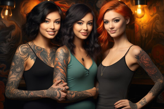 Three women with tattoos posing for a picture. This image can be used to represent female empowerment, friendship, diversity, or modern beauty standards.