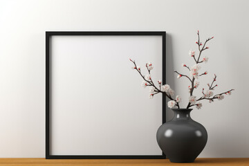 A black vase with white flowers is placed in front of a picture frame. This versatile image can be used for various purposes.