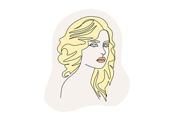 Portrait of young woman. One line drawing colored with pastel colors. Vector illustration.