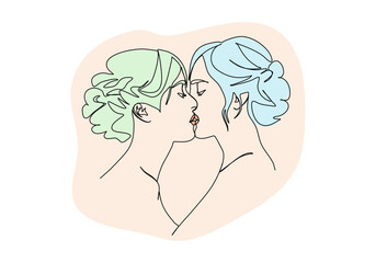 Two girls kiss. One line drawing colored with pastel colors. Vector illustration.