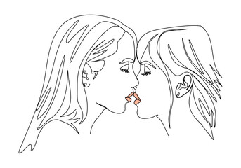 Two girls kiss. One line drawing colored with pastel colors. Vector illustration.