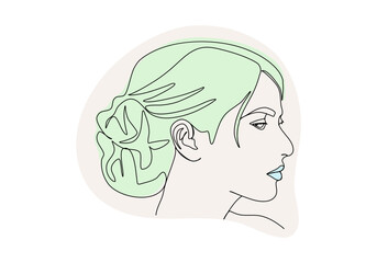 Portrait of young woman. One line drawing colored with pastel colors. Vector illustration.