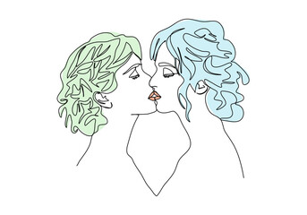 Two girls kiss. One line drawing colored with pastel colors. Vector illustration.