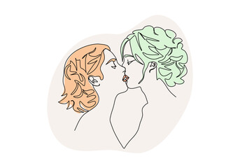 Two girls kiss. One line drawing colored with pastel colors. Vector illustration.