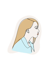 Portrait of young woman. One line drawing colored with pastel colors. Vector illustration.