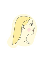 Portrait of young woman. One line drawing colored with pastel colors. Vector illustration.