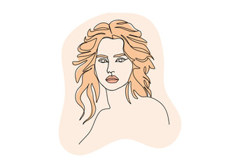 Portrait of young woman. One line drawing colored with pastel colors. Vector illustration.