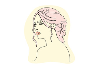 Portrait of young woman. One line drawing colored with pastel colors. Vector illustration.