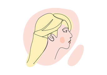 Portrait of young woman. One line drawing colored with pastel colors. Vector illustration.