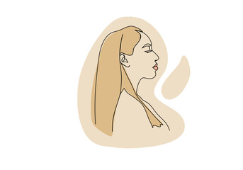 Portrait of young woman. One line drawing colored with pastel colors. Vector illustration.