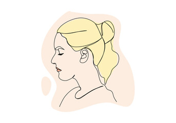 Portrait of young woman. One line drawing colored with pastel colors. Vector illustration.