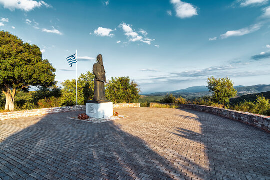 Statue of Papaflessas at the historical old village Maniaki in Messenia, Greece.