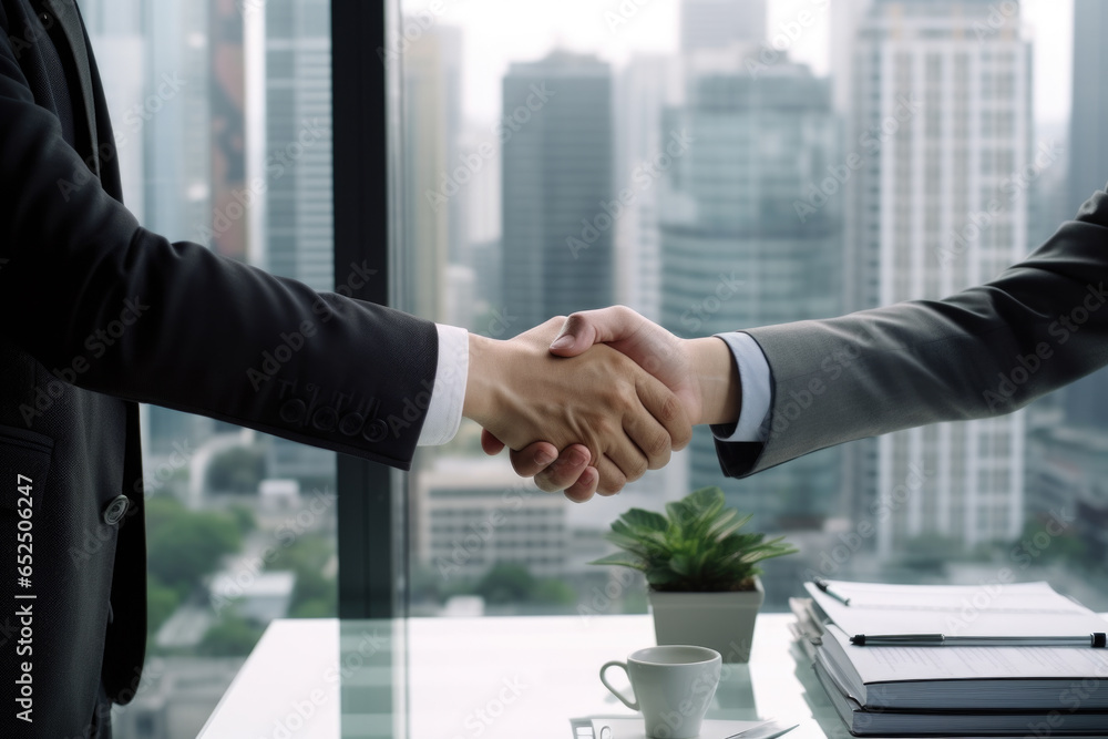 Aufkleber two men are shaking hands in front of a window. this image can be used to represent a successful bus