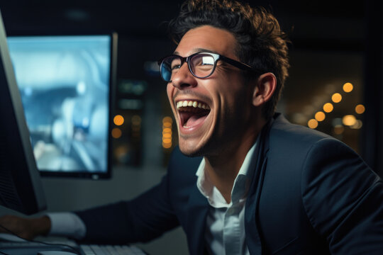 A man in a suit is captured laughing while working on a computer. This image can be used to depict a joyful and productive work environment.