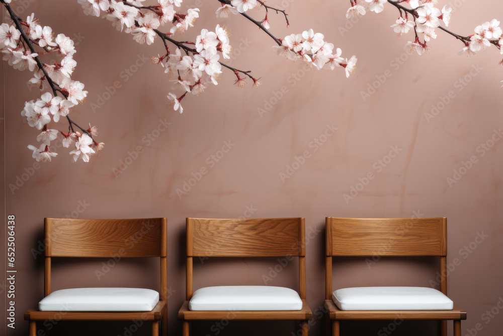 Poster two wooden chairs placed side by side in front of a wall. perfect for adding a touch of rustic charm