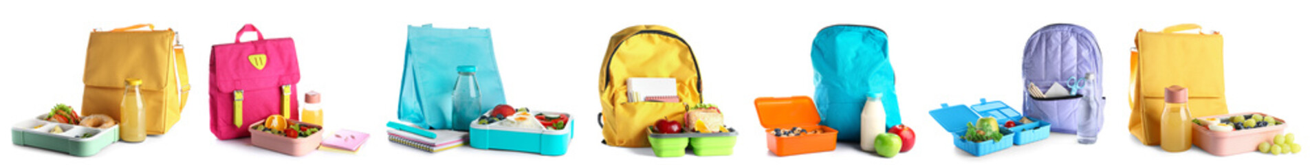 Collage of plastic lunch boxes with tasty food, stationery and bags on white background