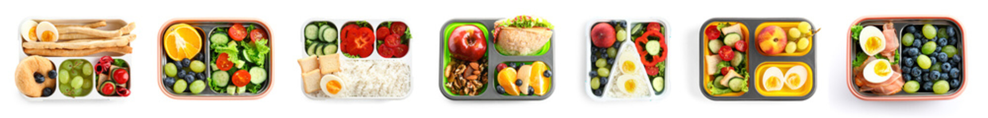 Collage of plastic lunch boxes with tasty food on white background, top view