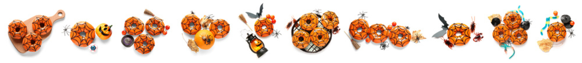 Set of tasty Halloween donuts, sweets and decor on white background, top view