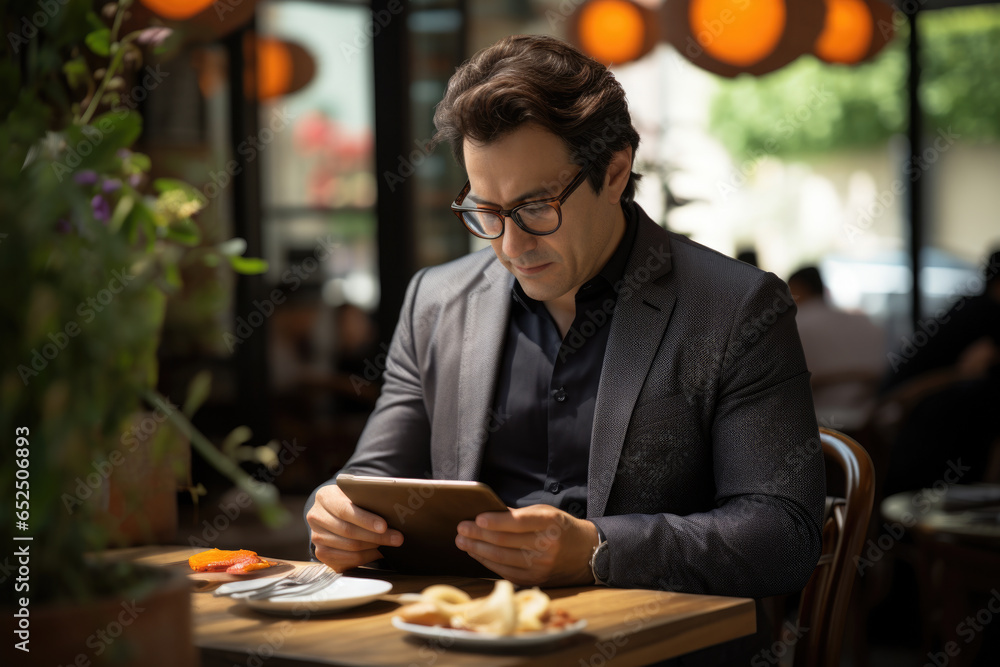 Poster a man sitting at a table, focused on using a tablet computer. this image can be used to depict techn